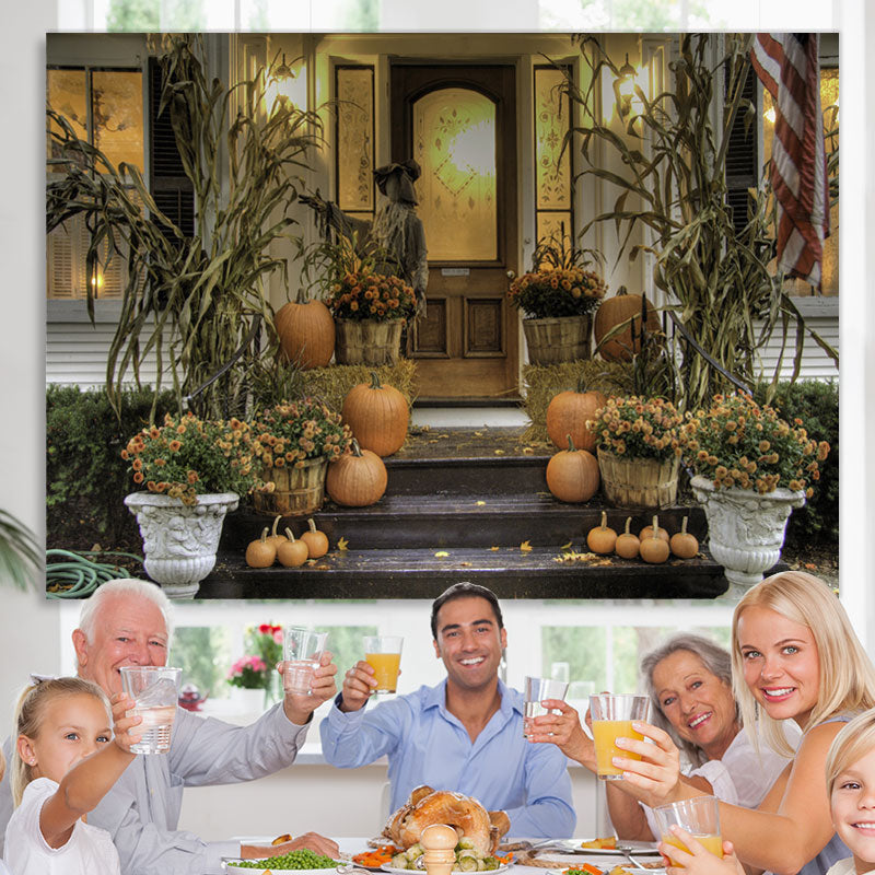 Lofaris Flowers Pumpkin Plant Door Wood Steps Fall Festive Backdrop