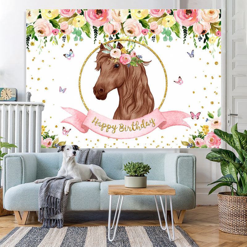 Lofaris Flowers roses butterfly horse happy birthday Backdrop