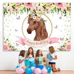 Lofaris Flowers roses butterfly horse happy birthday Backdrop