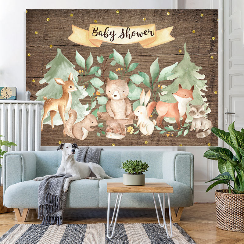 Lofaris Forest Animal Wooden Gold Glitter Backdrop for Baby Shower