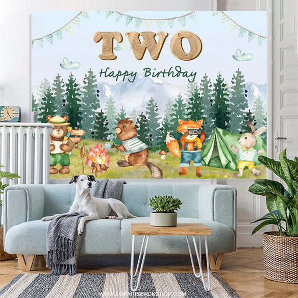 Lofaris Forest Animals Camping Happy 2nd Birthday Backdrop