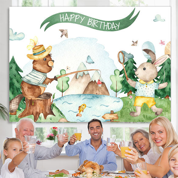 Lofaris Forest Bear And Rabbit White Happy Birthday Backdrop