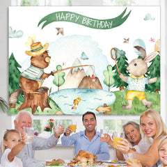Lofaris Forest Bear And Rabbit White Happy Birthday Backdrop