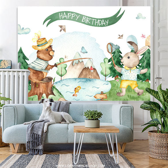 Lofaris Forest Bear And Rabbit White Happy Birthday Backdrop