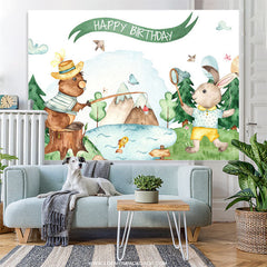 Lofaris Forest Bear And Rabbit White Happy Birthday Backdrop