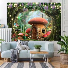 Lofaris Forest Flower Mushroom House Happy Birthday Backdrop
