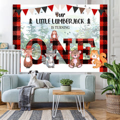 Lofaris Forest Red and Black Stripe Happy 1St Birthday Backdrop