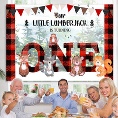 Lofaris Forest Red and Black Stripe Happy 1St Birthday Backdrop