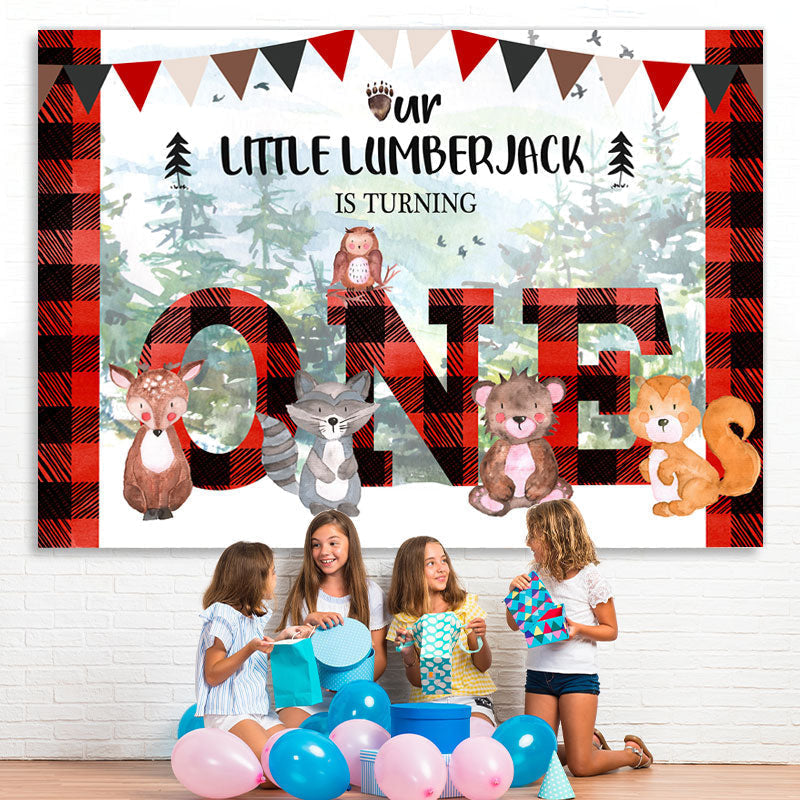 Lofaris Forest Red and Black Stripe Happy 1St Birthday Backdrop