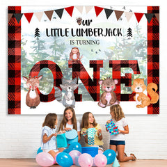 Lofaris Forest Red and Black Stripe Happy 1St Birthday Backdrop