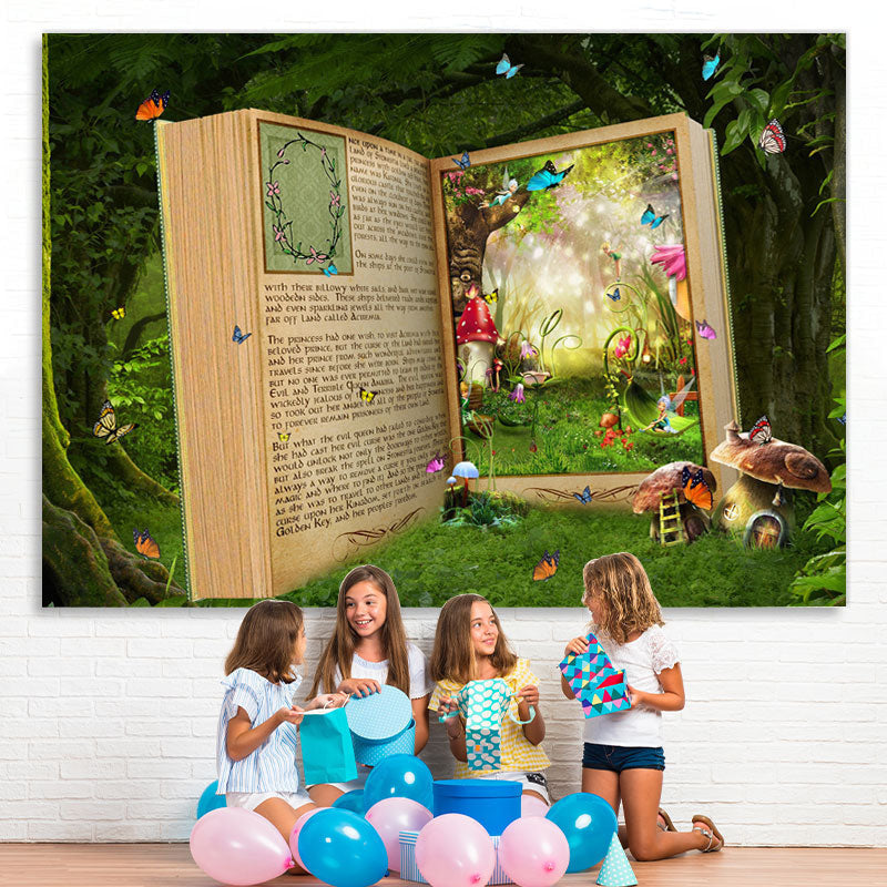 Lofaris Forest With Cartoon Book And Butterfly Spring Backdrop