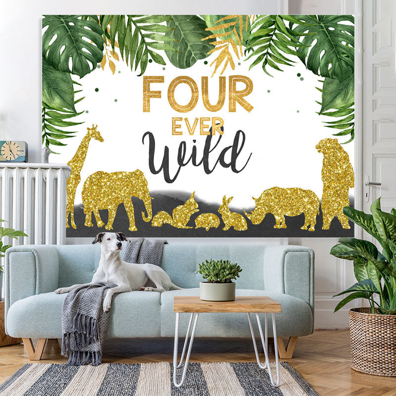 Lofaris Four Ever Wild Animals Green Leaves Birthday Backdrop for Boys