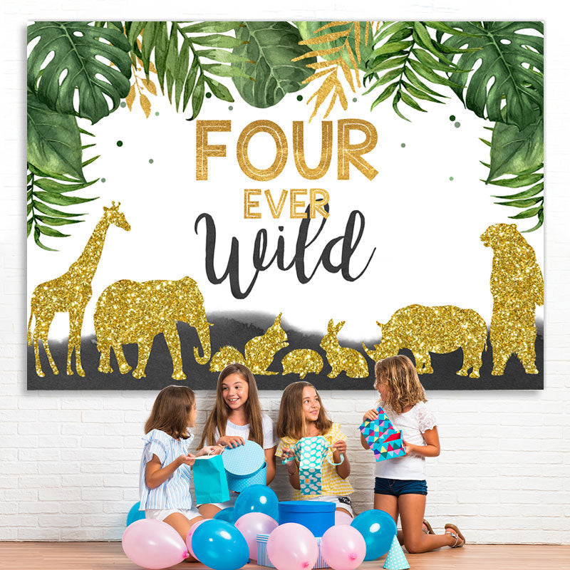 Lofaris Four Ever Wild Animals Green Leaves Birthday Backdrop for Boys