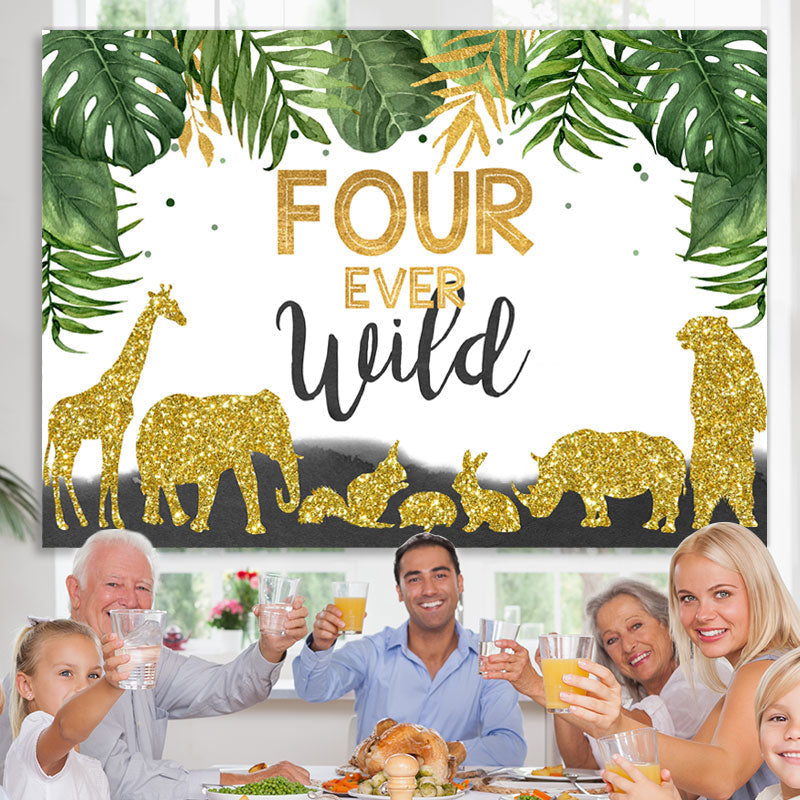 Lofaris Four Ever Wild Animals Green Leaves Birthday Backdrop for Boys
