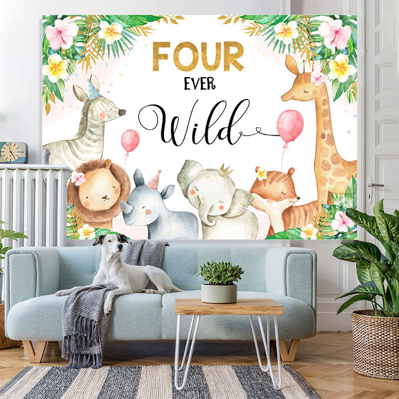 Lofaris Four Ever Wild Animals Pink Floral 4th Birthday Backdrop for Girls