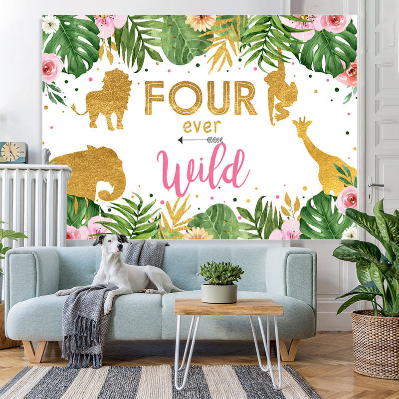 Lofaris Four Ever Wild Jungle Animals 4th Birthday Backdrop