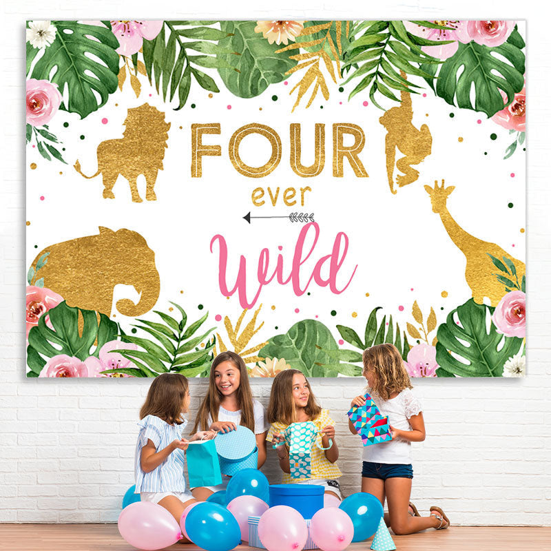 Lofaris Four Ever Wild Jungle Animals 4th Birthday Backdrop