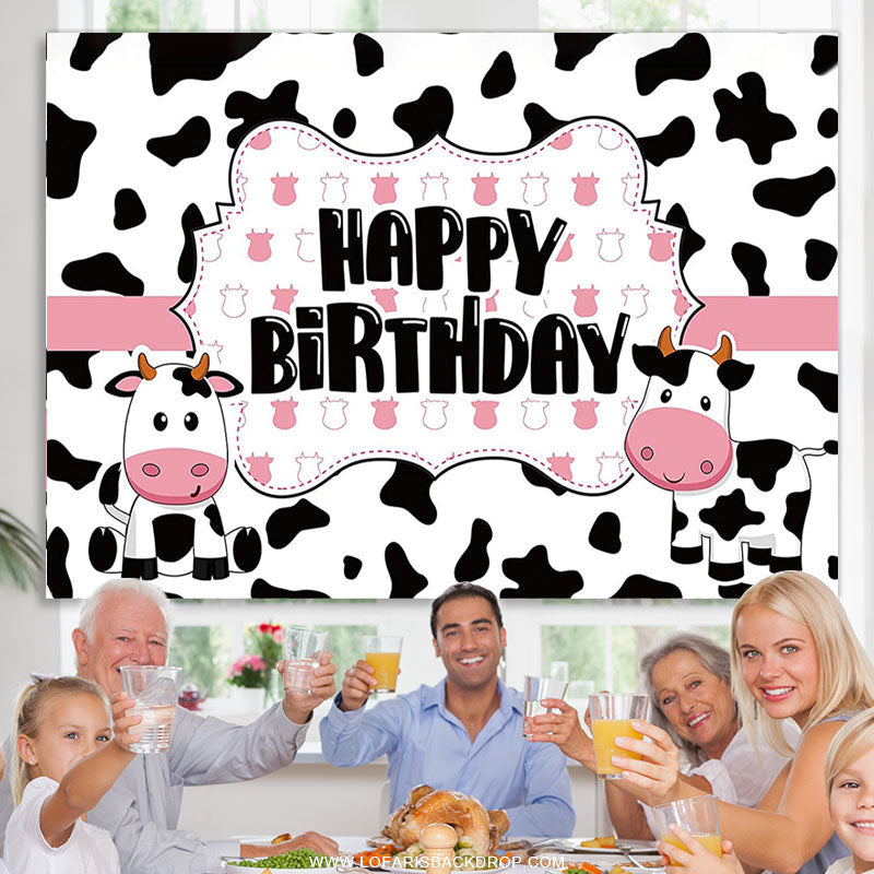 Lofaris Funny Cow Farm Animal Pink Happy Birthday Backdrop