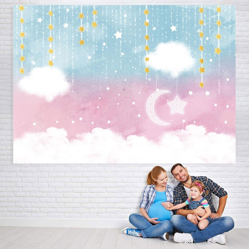 Lofaris Pink Star Moon Clouds Party Baby Shower Backdrop