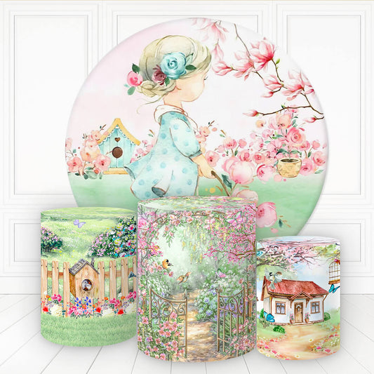 Lofaris Girl In Floral Garden Round Birthday Backdrop Kit For