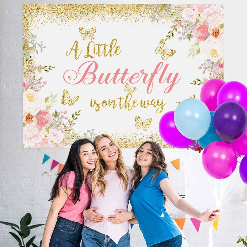 Lofaris Glitter And Floral Butterfly Theme Baby Shower Backdrop