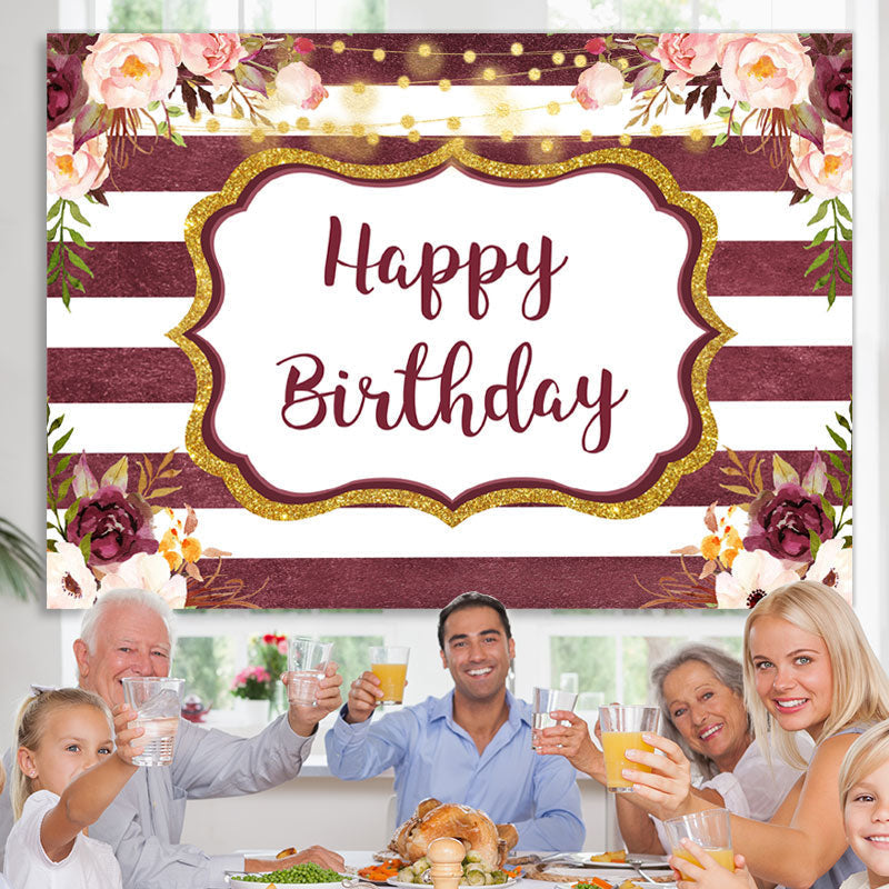 Lofaris Glitter And Floral Happy Birthday Backdrop With Stripes