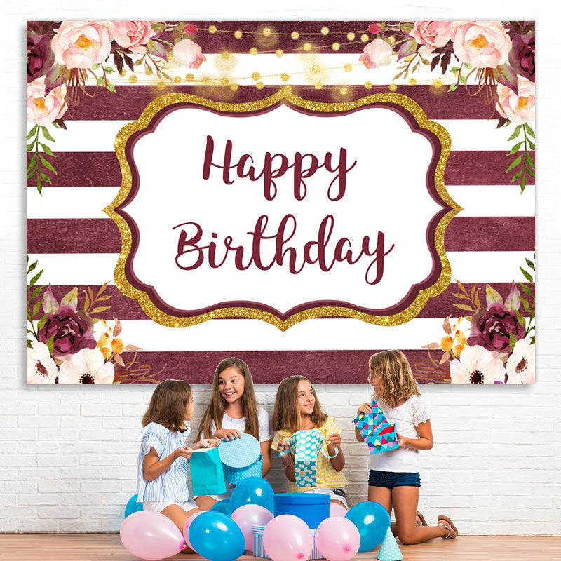 Lofaris Glitter And Floral Happy Birthday Backdrop With Stripes