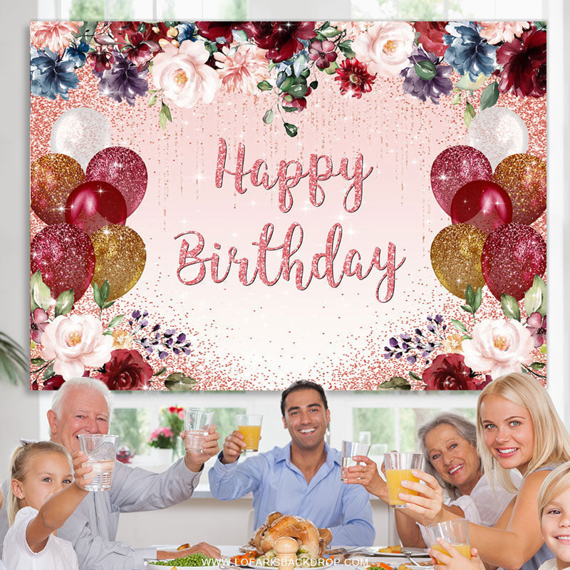 Lofaris Glitter Balloons And Floral Happy Birthday Backdrop