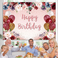 Lofaris Glitter Balloons And Floral Happy Birthday Backdrop