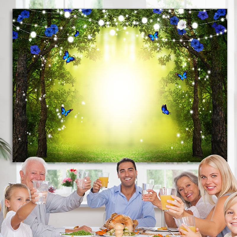 Lofaris Glitter Blue Butterfly Flowers Bokeh Spring Backdrop