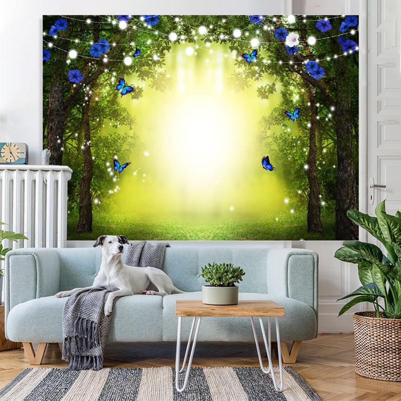 Lofaris Glitter Blue Butterfly Flowers Bokeh Spring Backdrop