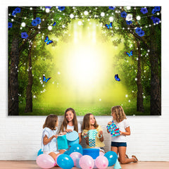 Lofaris Glitter Blue Butterfly Flowers Bokeh Spring Backdrop