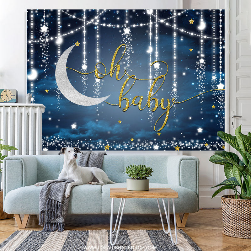 Lofaris Glitter Blue Moon And Stars Themed Baby Shower Backdrop