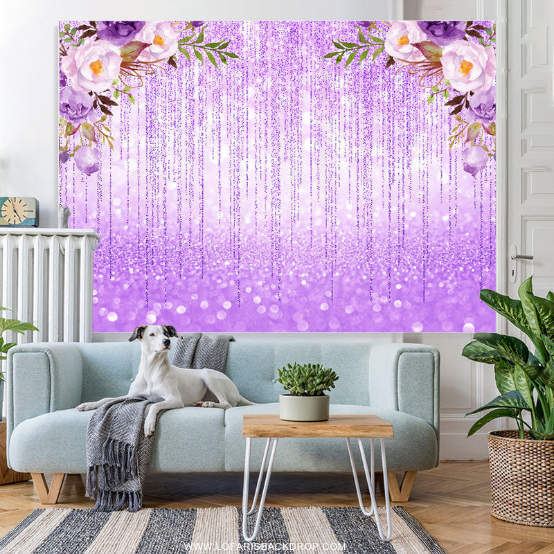 Lofaris Glitter Bokeh Purple Lines And Flower Birthday Backdrop