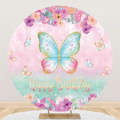 Lofaris Glitter Cute Butterfly Happy Birthday Round Backdrop