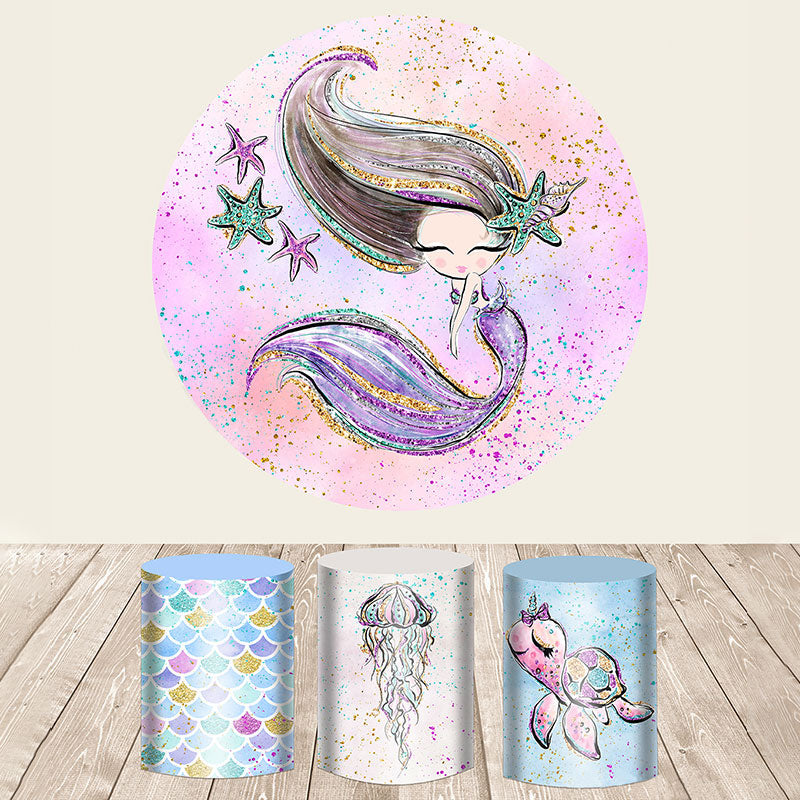 Lofaris Glitter Cute Mermaid Happy Birthday Round Backdrop Kit