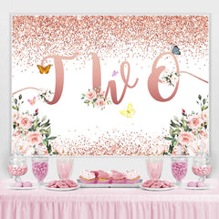 Lofaris Glitter Floral Butterfly Happy 2Nd Birthday Backdrop