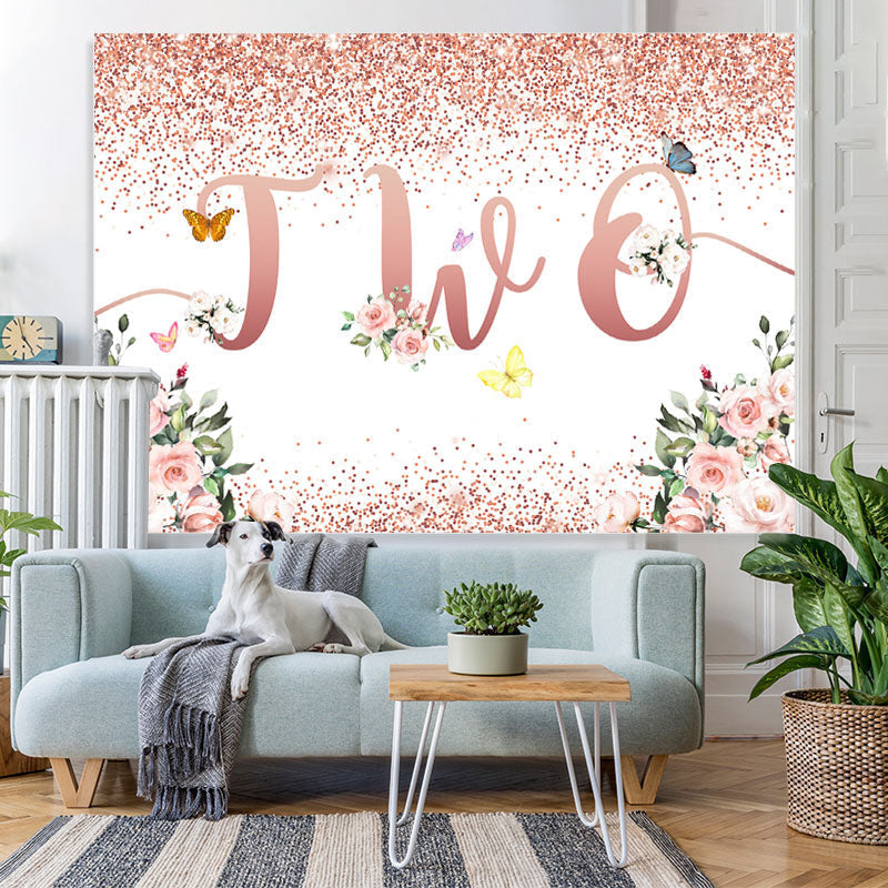 Lofaris Glitter Floral Butterfly Happy 2Nd Birthday Backdrop