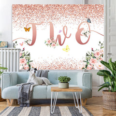 Lofaris Glitter Floral Butterfly Happy 2Nd Birthday Backdrop