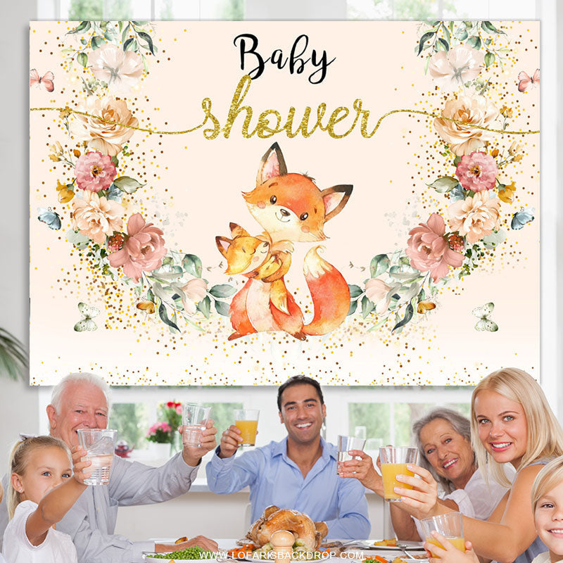 Lofaris Glitter Floral Fox Mom Baby Shower Party Backdrop