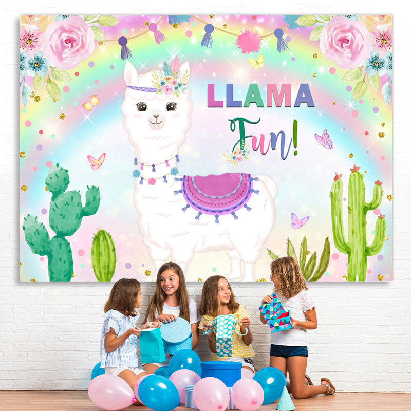 Lofaris Glitter Floral Llama Fun Rainbow Happy Birthday Backdrop