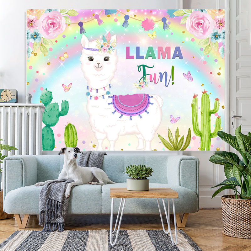 Lofaris Glitter Floral Llama Fun Rainbow Happy Birthday Backdrop