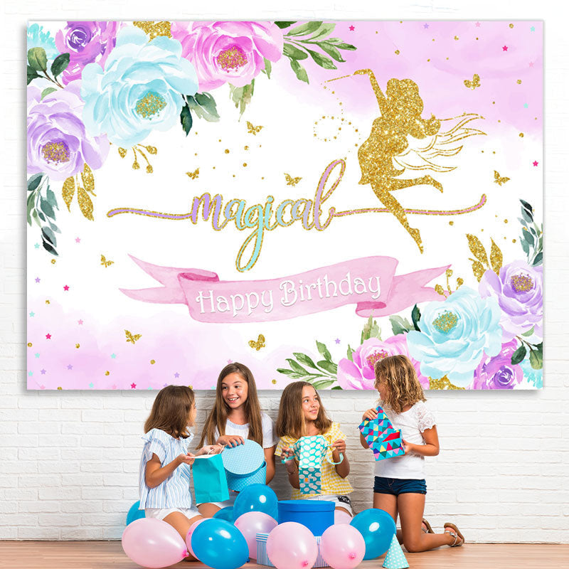 Lofaris Glitter Floral Magical Fairy Happy Birthday Backdrop