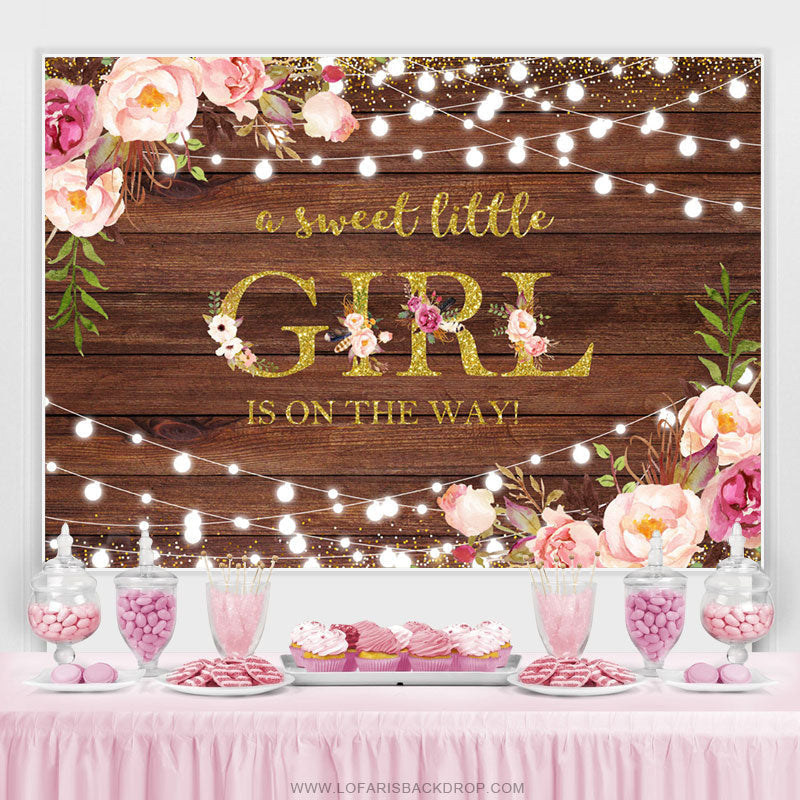 Lofaris Glitter Floral Wooden Baby Shower Backdrop For Girl