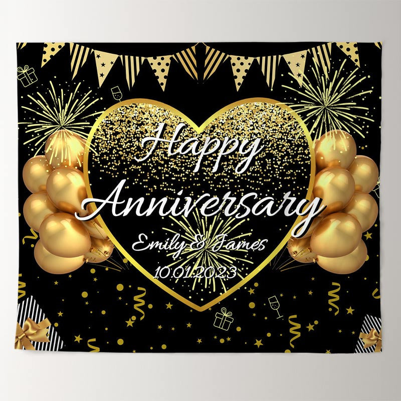 Lofaris Glitter Glod Love Balloons Happy Anniversary Backdrop