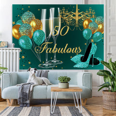 Lofaris Glitter Golden And Blue Happy 50Th Birthday Backdrop
