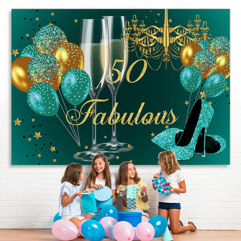 Lofaris Glitter Golden And Blue Happy 50Th Birthday Backdrop