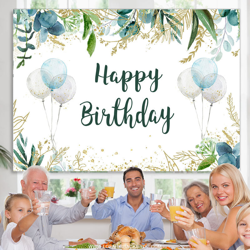 Lofaris Glitter Green Leaves And Balloons Birthday Backdrop