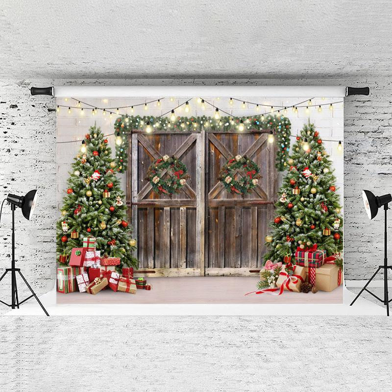 Lofaris Glitter Light Wooden Door And Tree Christmas Backdrop
