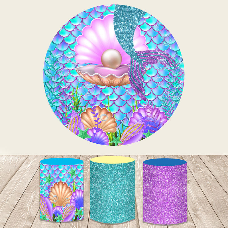 Lofaris Glitter Mermaid Purple Sea Themed Round Backdrop Kit